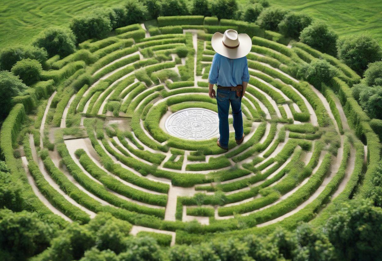 A Texan landscape featuring an intricate maze representing the complexities of insurance. In the background, a vibrant blue sky and a lone cowboy pondering over various insurance policies scattered on the ground. Include icons of savings, premium calculations, and Texas state symbols to emphasize financial navigation. super-realistic. vibrant colors. 3D elements.