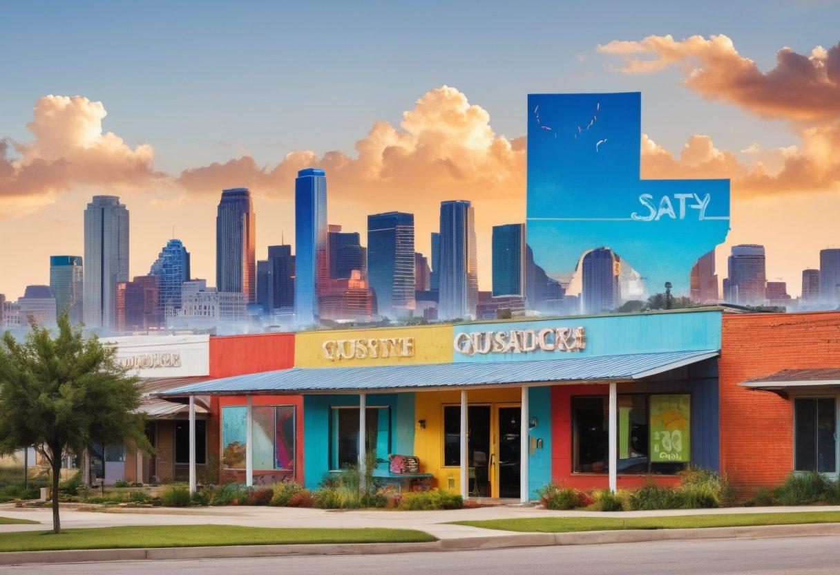 A Texas landscape featuring a dynamic skyline of modern buildings and classic Texan architecture intermingled, with a large colorful sign reading 'Stay Informed' in the foreground. Incorporate elements like a newspaper, laptop, and insurance-related symbols like shields or home icons scattered around. Bright blue skies and sun illuminating the scene to convey a sense of optimism and clarity. super-realistic. vibrant colors. white background.