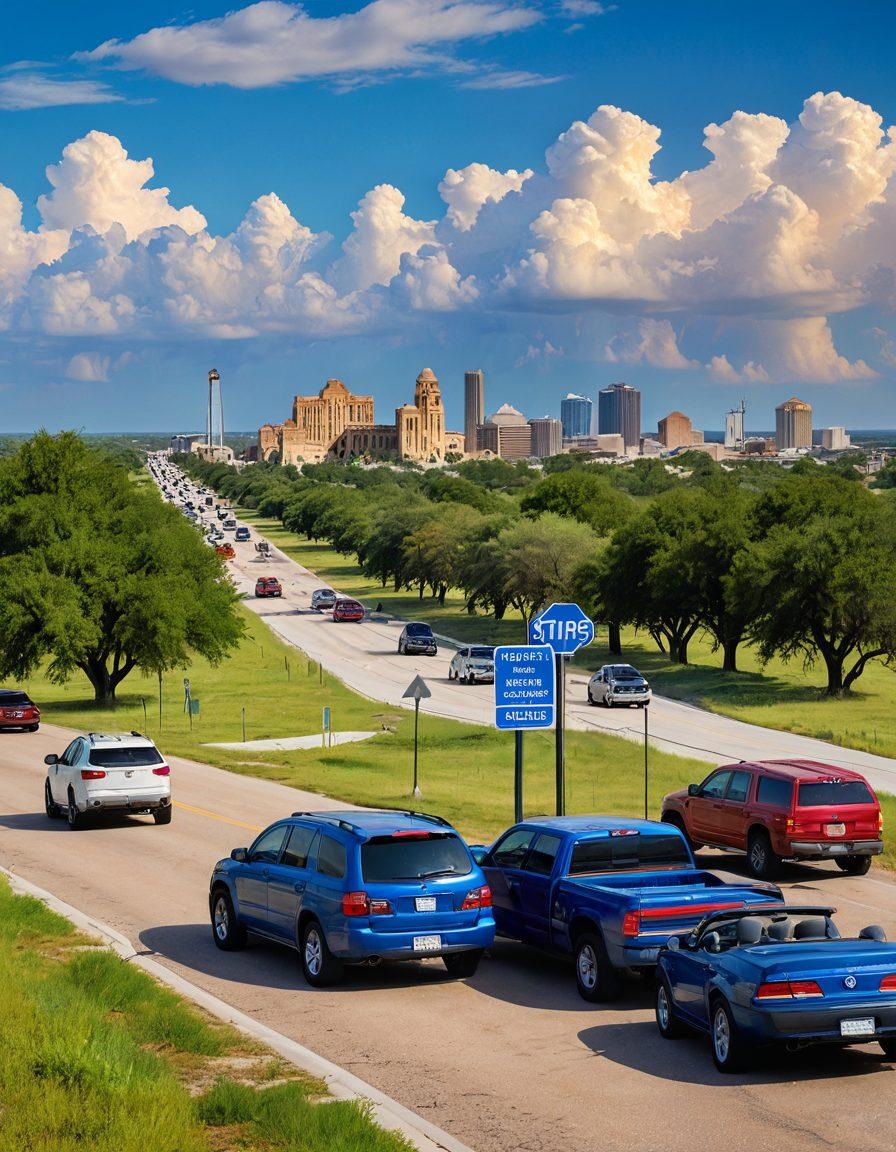 A Texas landscape with a diverse group of people discussing insurance options under a blue sky, featuring iconic Texas landmarks like the Alamo and oil wells in the background. Include visual elements like insurance documents, calculators, and a road sign pointing to 'Insurance Tips'. Capture a warm, inviting atmosphere that conveys a sense of guidance and community support. vibrant colors. super-realistic.